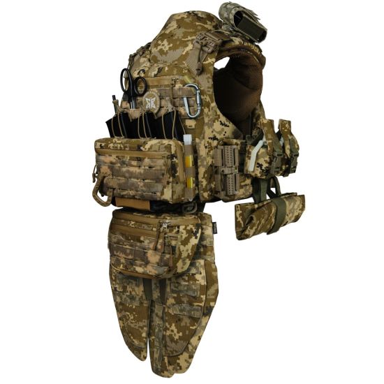 Преміум плитоноска Warmor Gen.6 PRO MAX v2 з максимальним набором підсумків, захистом шиї та модульним фартухом для захисту паху. Піксель. МУЛЬТИКАМ