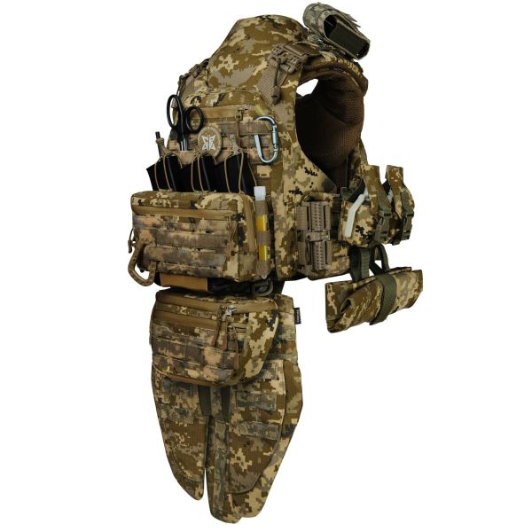 Преміум плитоноска Warmor Gen.6 PRO MAX v2 з максимальним набором підсумків, захистом шиї та модульним фартухом для захисту паху. Піксель. МУЛЬТИКАМ
