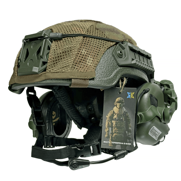 Кевларовий шолом ARCH Combatant Pro HighCut (високий виріз) олива з каверами Мультикам та активними навушниками Earmor M32 XL (59-62 см)