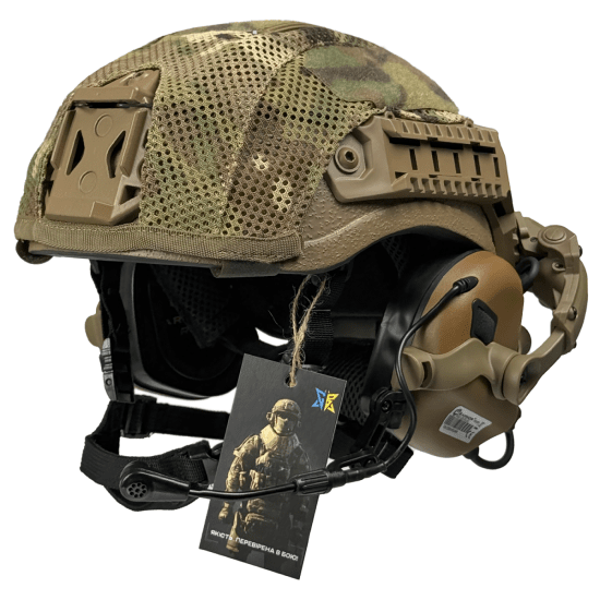 Кевларовий шолом ARCH Combatant Pro HighCut (високий виріз) Койот з каверами Мультикам та активними навушниками Earmor M32  L (57-60 см)